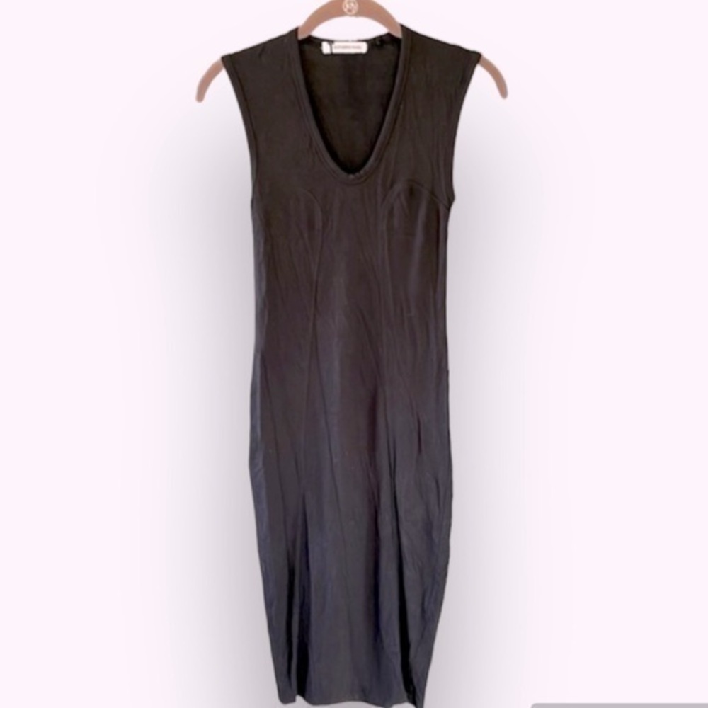 T by Alexander Wang Black Ribbed V-Neck Midi Dress